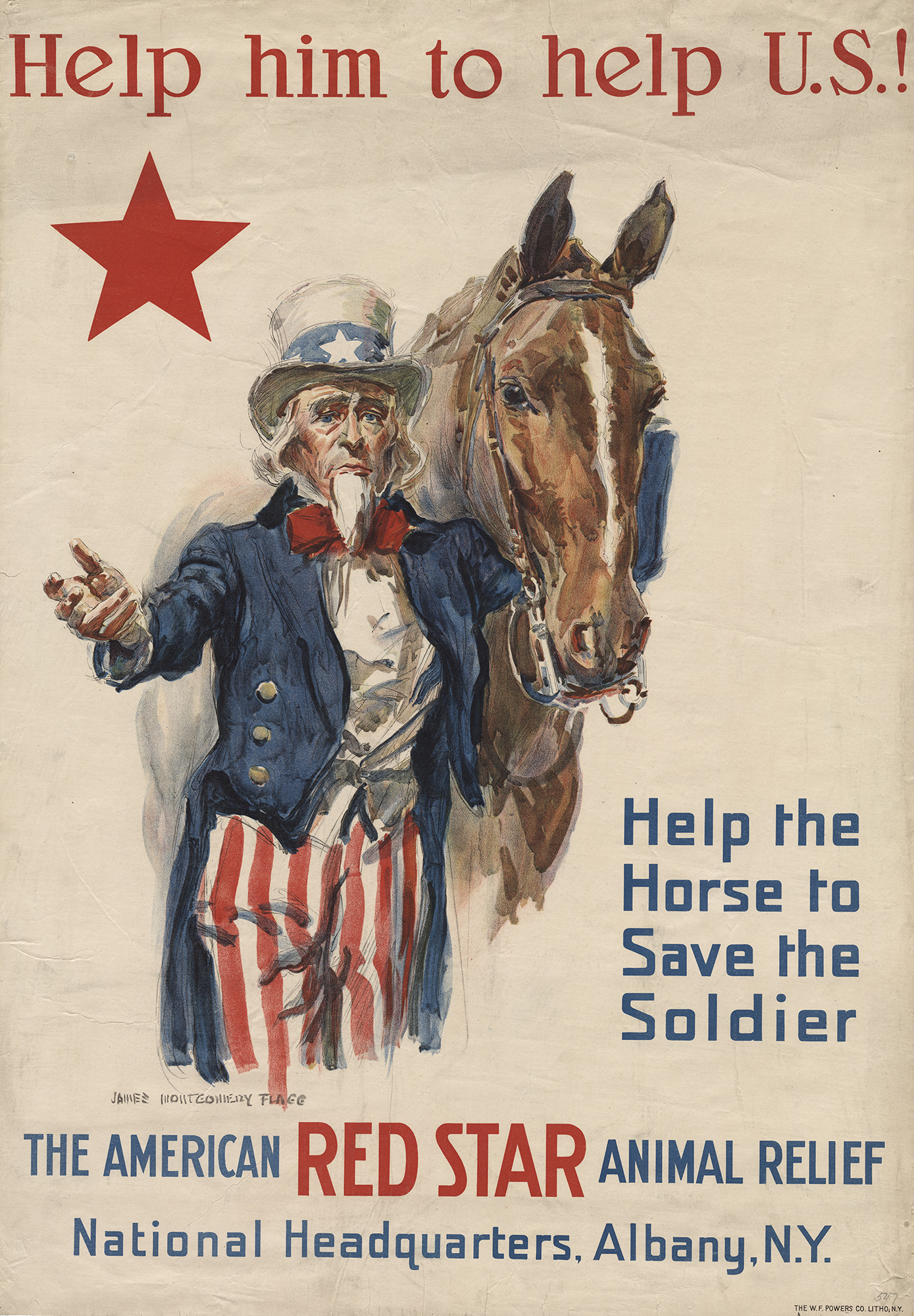 Poster depicting Uncle Sam in red, white and blue top hat and tails, holding the halter of a horse. Text: 'Help Him to Help U.S.! / Help the Horse to Save the Soldier / The American Red Star Animal Relief'