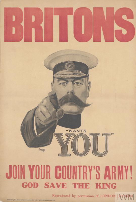 Poster depicting a military man with an enormous mustache pointing at the viewer. Text: 'Britons / YOU / Join your country's army! / God save the King'