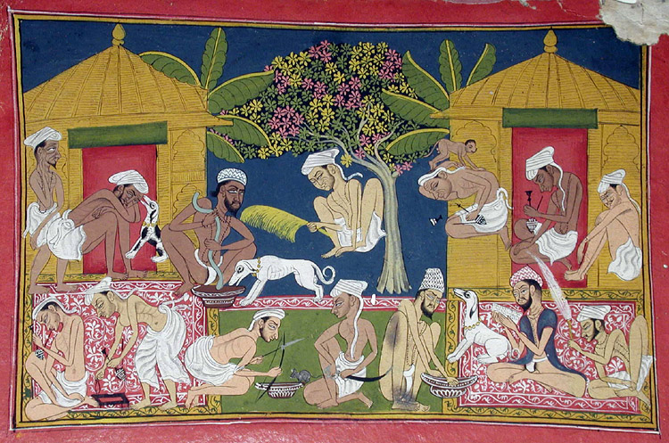 Colorful painting depicting a group of men sitting and reclining outside two huts