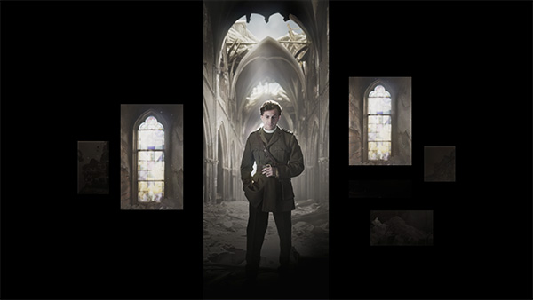 Film still of a white man in uniform standing in a CGI rendering of a bombed cathedral