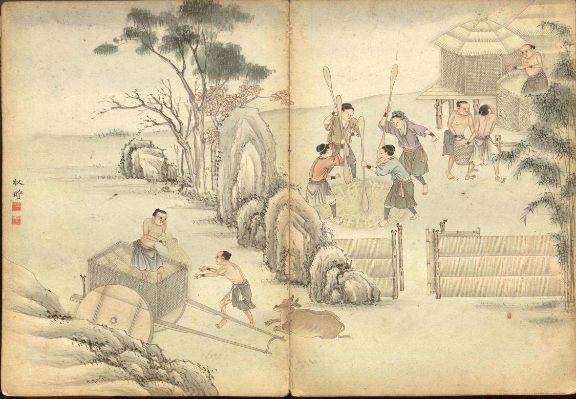 Scan of a watercolor painting depicting Taiwanese people unloading grain from a wagon, beating the grain with paddles, and storing the grain in a hut