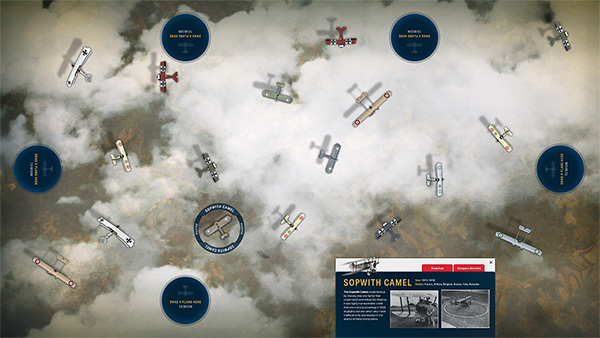 Computer rendering of a scene in the sky, looking down from above on a variety of WWI-era aircraft