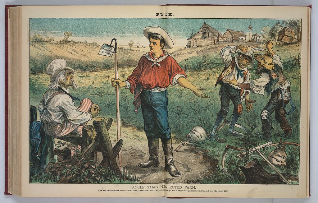 Print shows Puck's 'Independent Party' figure, holding a hoe and talking to Uncle Sam who is sitting on a fence while two figures labeled 'Democrat' and 'Republican' argue on the right. In the background are farm outbuildings.