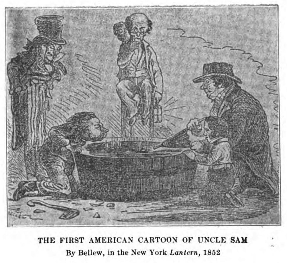 Black and white cartoon depicting five odd and varied characters, including Uncle Sam, gathered around a tub of water