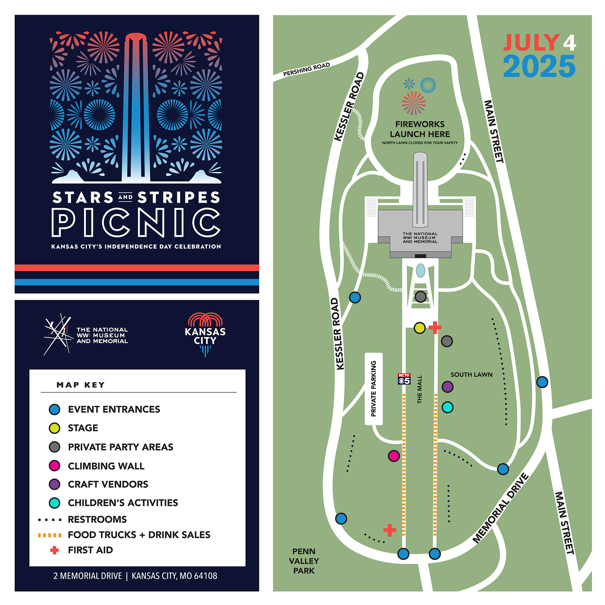 Map of Museum and Memorial grounds marked out with lines and dots for food trucks, medical aid tents and the like during Stars and Stripes