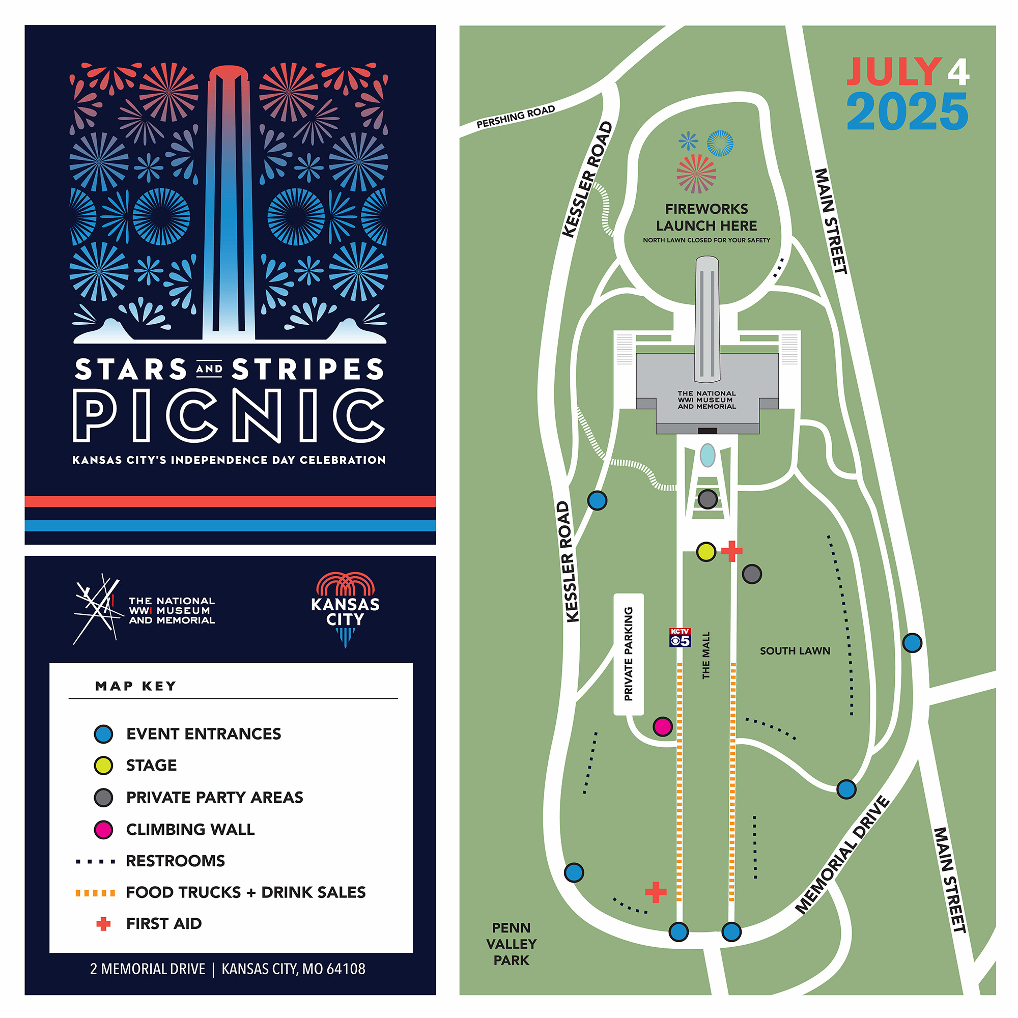 Map of Museum and Memorial grounds marked out with lines and dots for food trucks, medical aid tents and the like during Stars and Stripes
