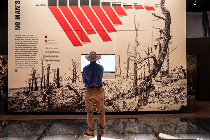 Gallery space with a museum guest contemplating an exhibit wall depicting a black and white photo of a destroyed forest