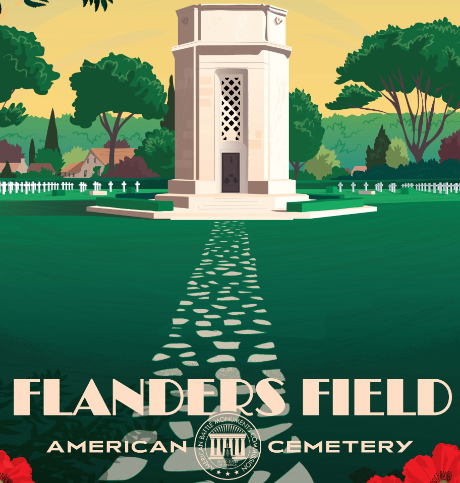 Vintage style drawing of a tall, narrow, stone-looking memorial building in a green field, with trees and gravestones in the background. The image includes the name of the location, Flanders Field American Cemetery, and the seal of the American Battle Monuments Commission on the bottom of the image.