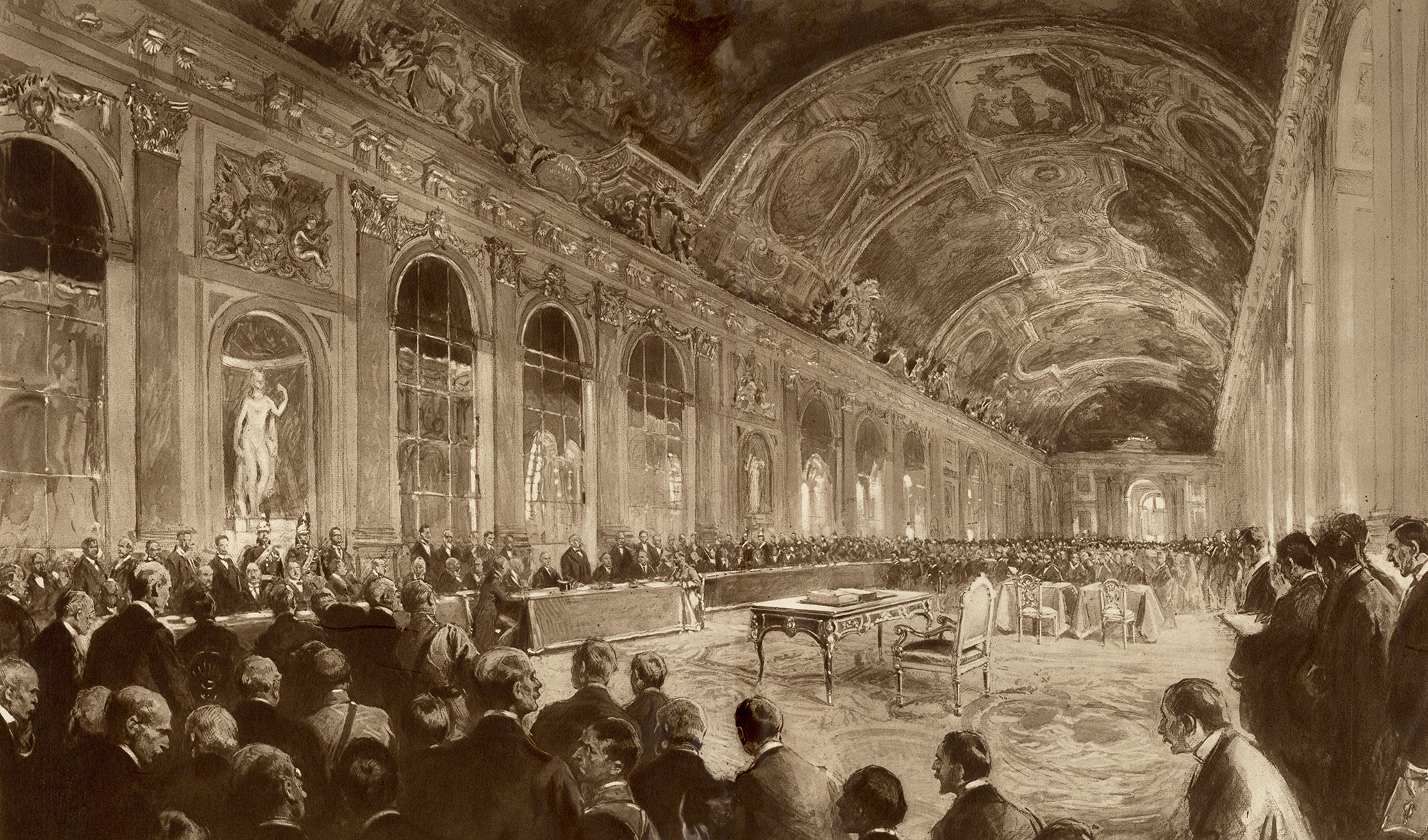 Painting of an elaborately painted and decorated Hall of Mirrors full of men seated at long tables, looking towards a writing desk with the treaty on it.