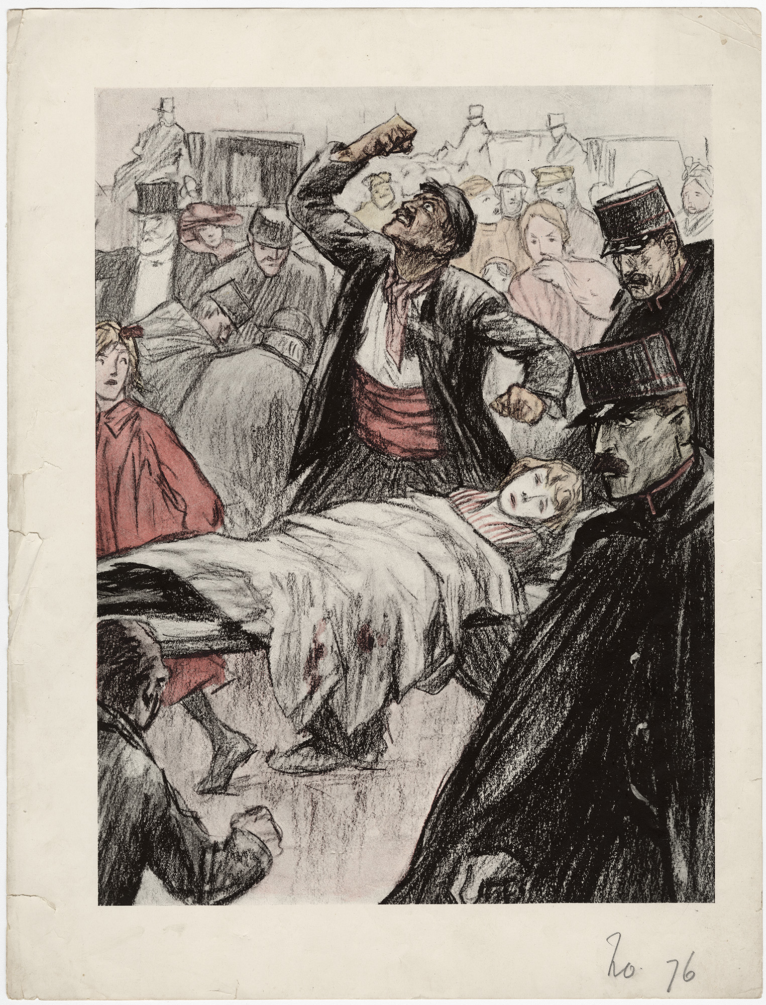 Cartoon print depicting a dead woman on a stretcher while a man shakes his fist at the air