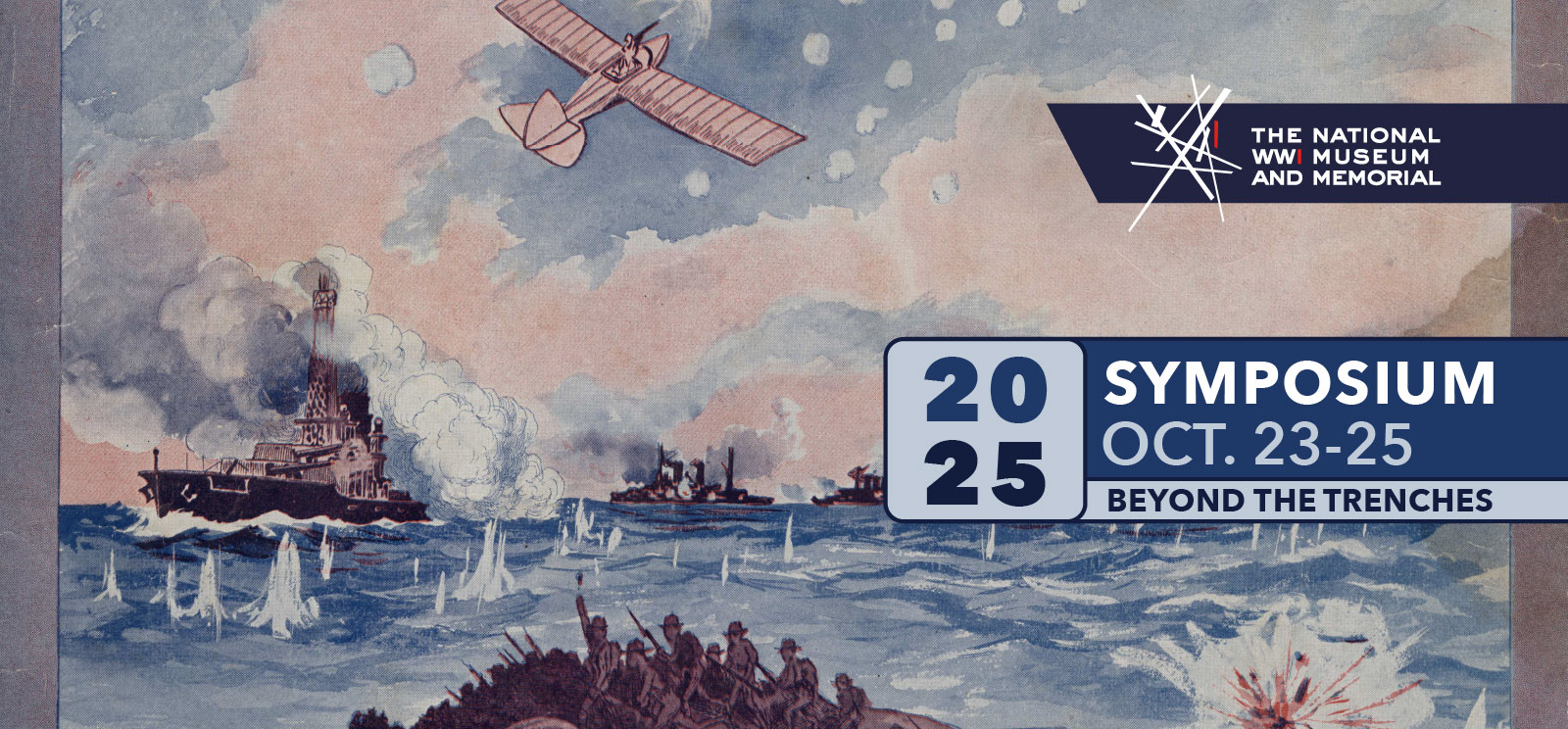 Peinture représentant des soldats de la Première Guerre mondiale se précipitant sur une plage tandis que des navires tirent des canons dans la mer et que des avions volent au-dessus.