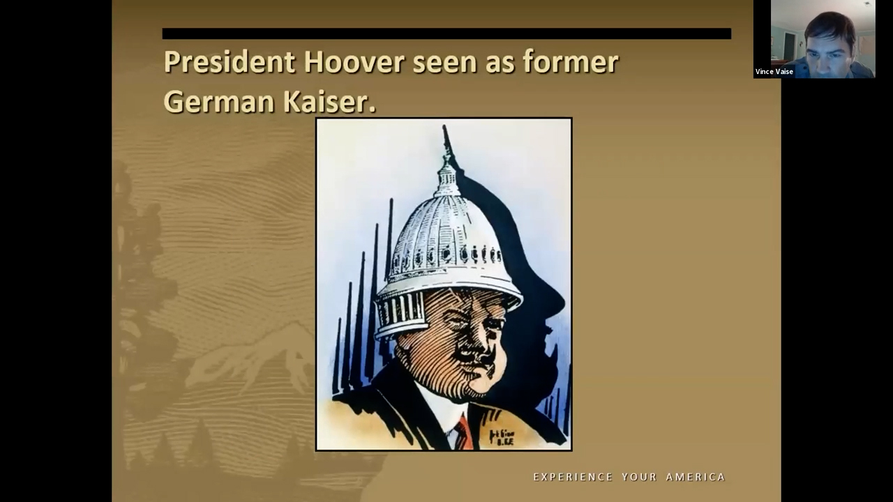 Caricature politique d'Herbert Hoover portant le bâtiment du Capitole comme un casque, ressemblant à un casque à pointe