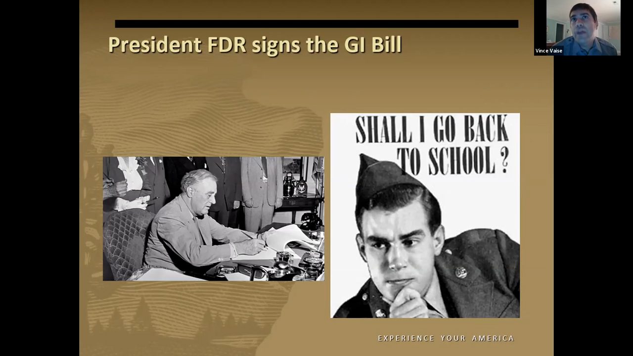Image de gauche : Le président Franklin Roosevelt assis à un bureau signe un projet de loi. Image de droite : Photo ou peinture d’un soldat de la Seconde Guerre mondiale, le menton dans la main, avec le texte : « Dois-je retourner à l’école ? »