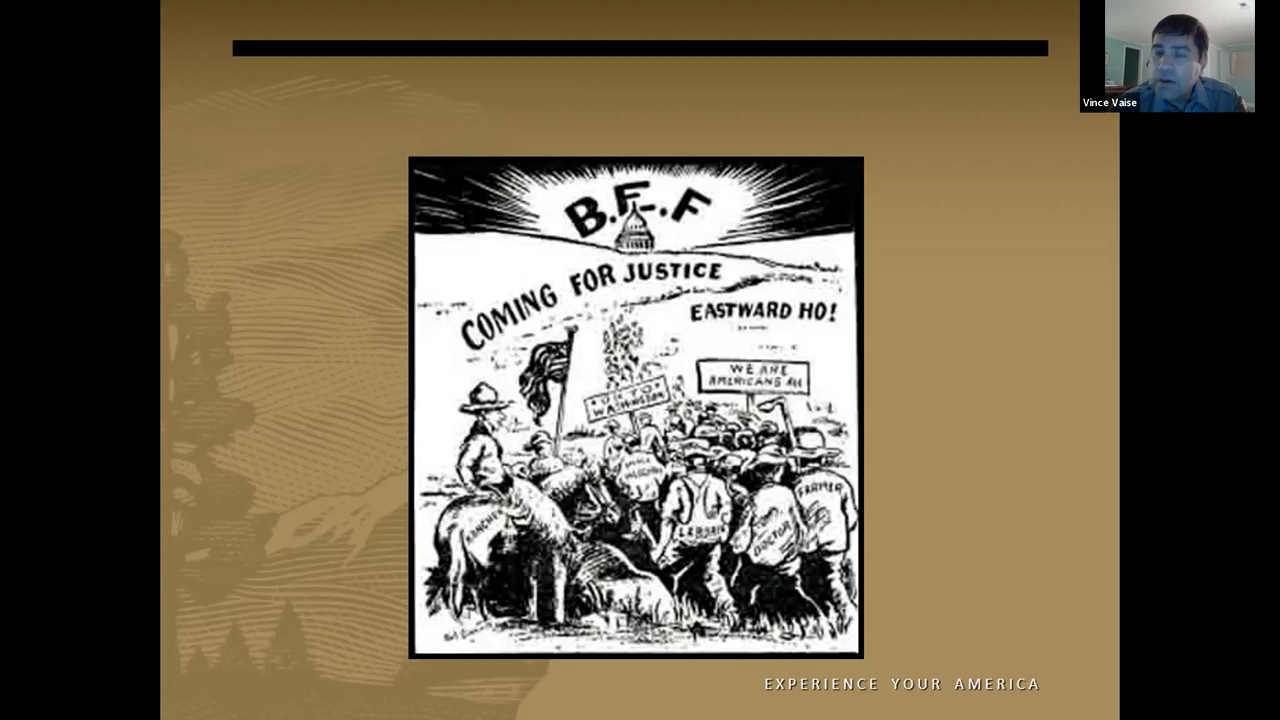 Dessin d'une longue colonne d'hommes s'étendant jusqu'au Capitole au loin. Texte : « BEF / Venu pour la justice / Vers l'est ! »