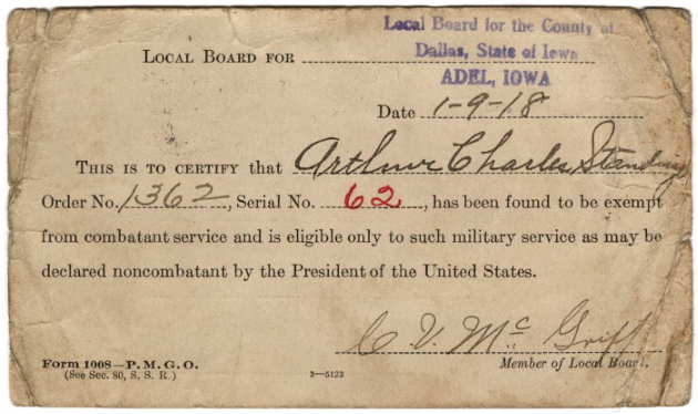 Scan of typed document that includes text describing that an individual is exempt from serving in a combat role during the war.