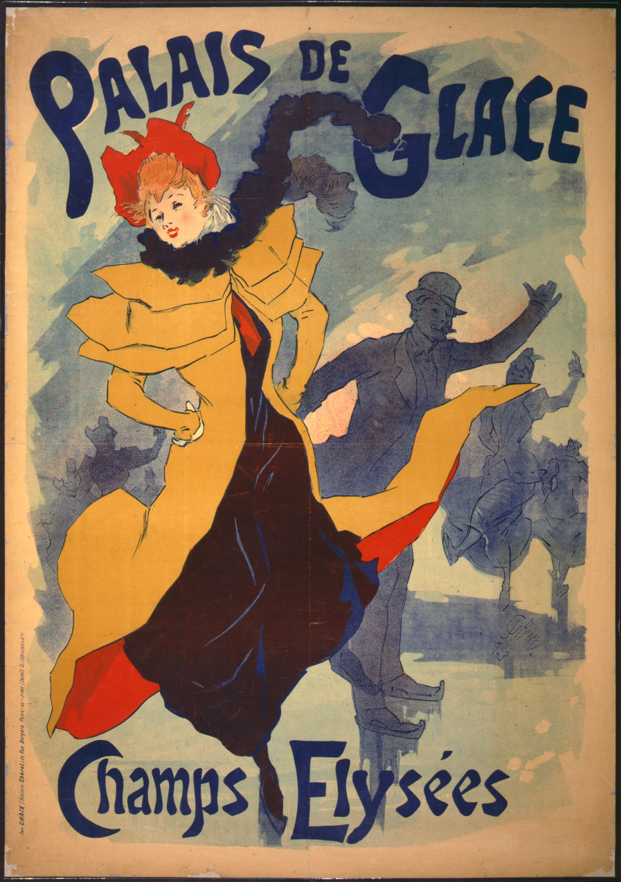 Colorful poster illustrated with a brightly-dressed French woman ice skating with other men and women skating in the background