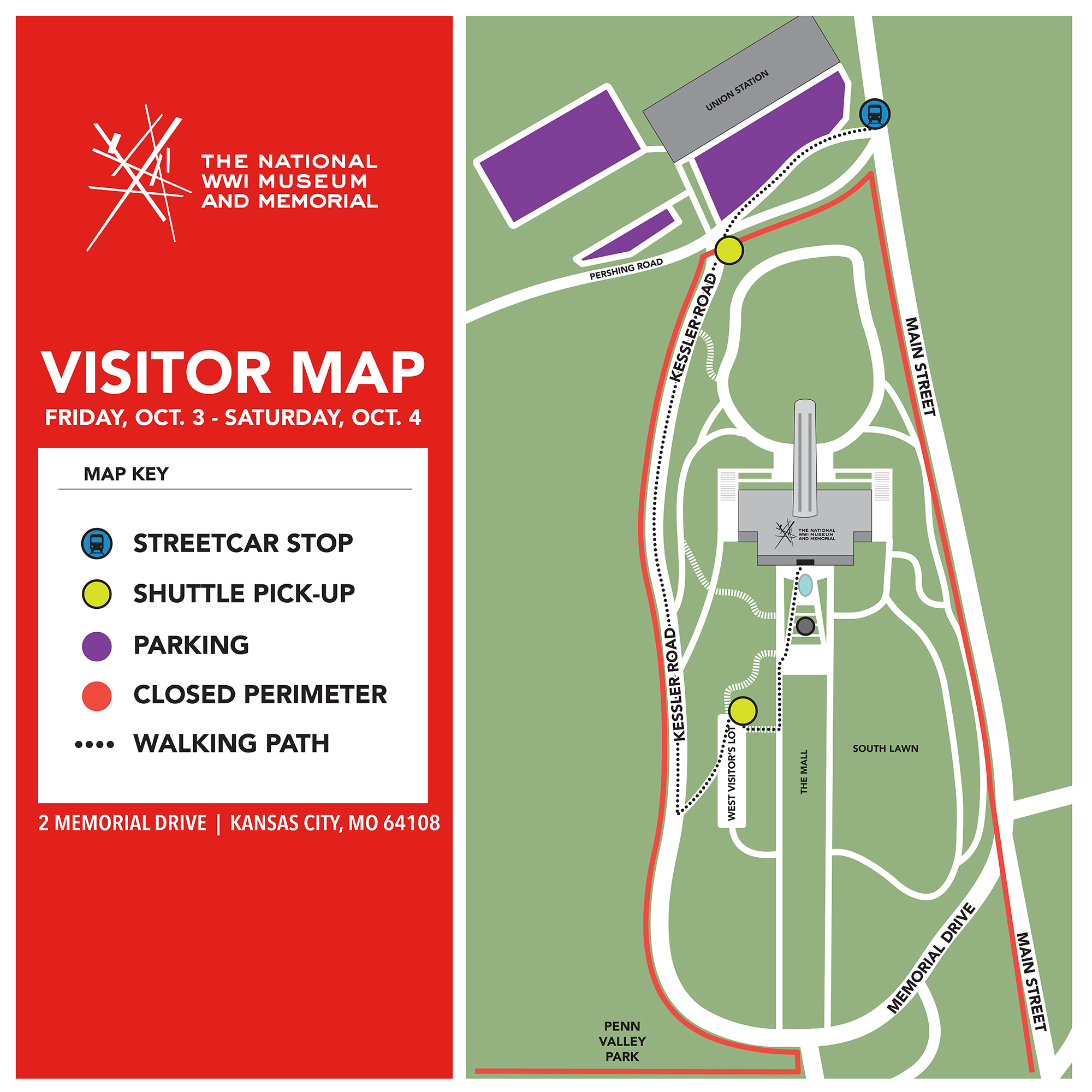 Map of grounds showing the closed perimeter, streetcar stop, shuttle pick-up, vicinity parking and walking path