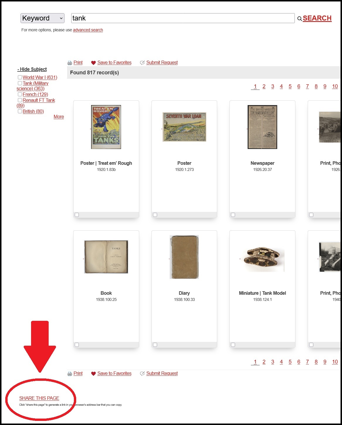 Screenshot of an Argus search results page with the "Share this page" button circled in red