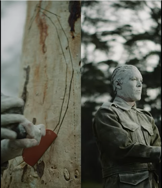 Left image: A person's hands carving designs into a tree. Right image: a person wearing a WWI uniform, with their head, face and clothes covered in clay