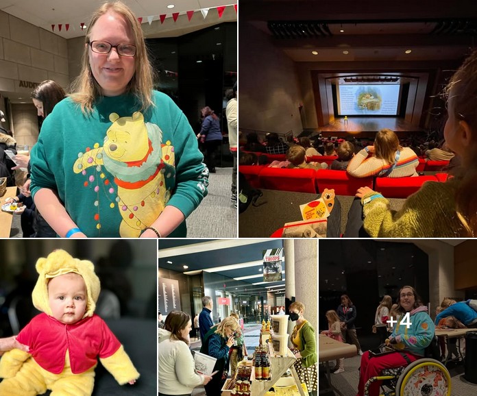 Collage of people wearing Winnie-the-Pooh-themed clothing, watching a performance on a stage, and doing various activities