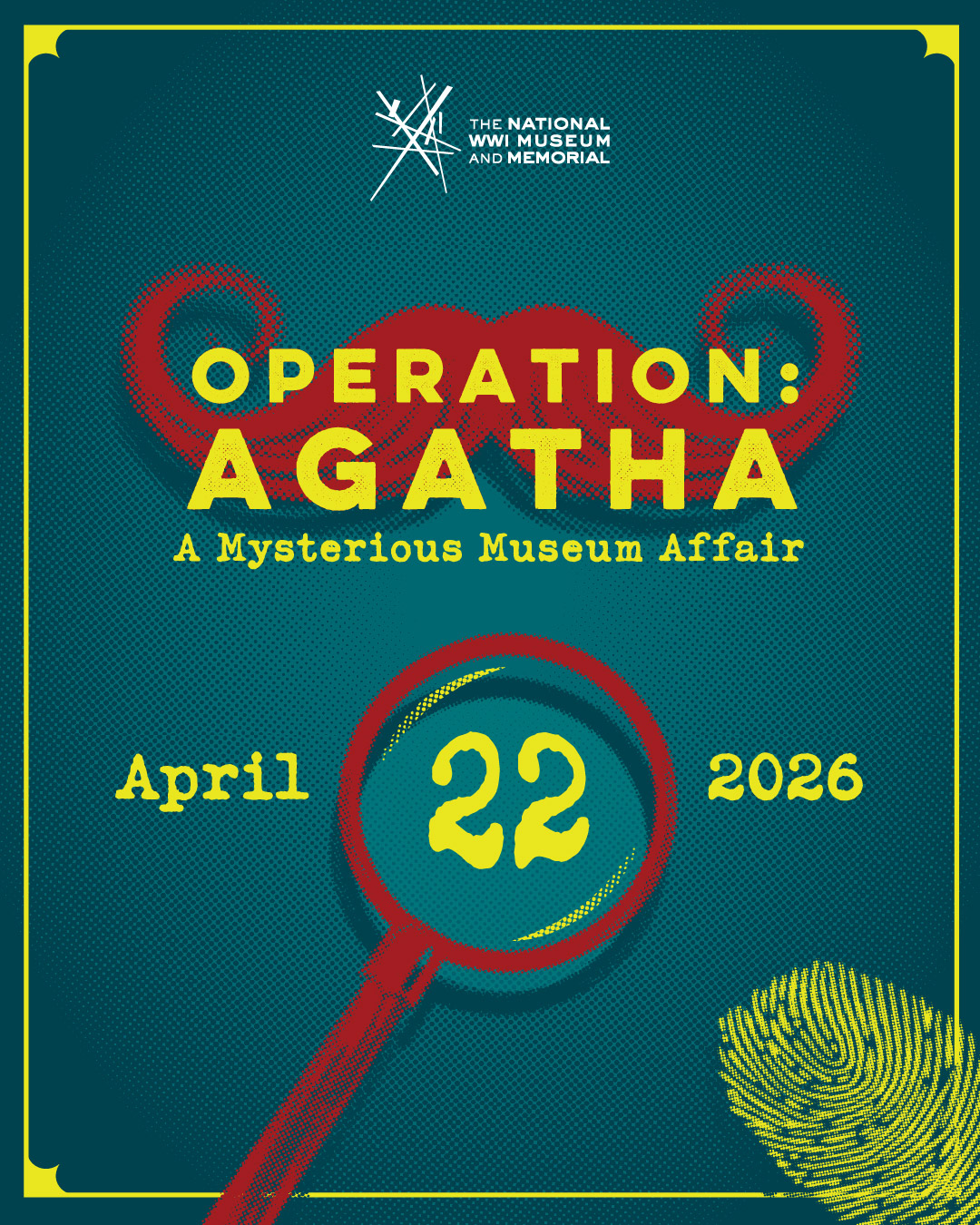 Illustration graphic featuring a mustache, a magnifying glass and a fingerprint