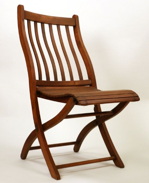 Color photograph of a wooden folding chair on a white background.