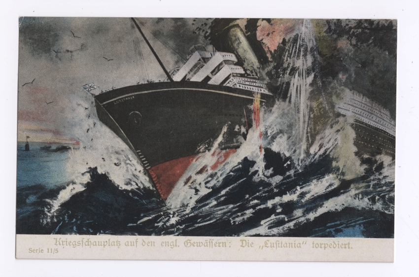 Color drawing of a ship with the name Lusitania on it's bow. There is what appears to be an explosion in the water and against the hull of the ship. There are birds flying and the sky is grey.