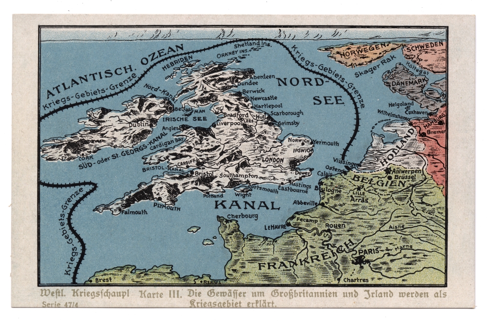 Color drawn map of the British Isles with a marked line surrounding them in the water. The image includes a corner of France, Holland, Denmark, Norway, and Sweden, with all map labels included in German.