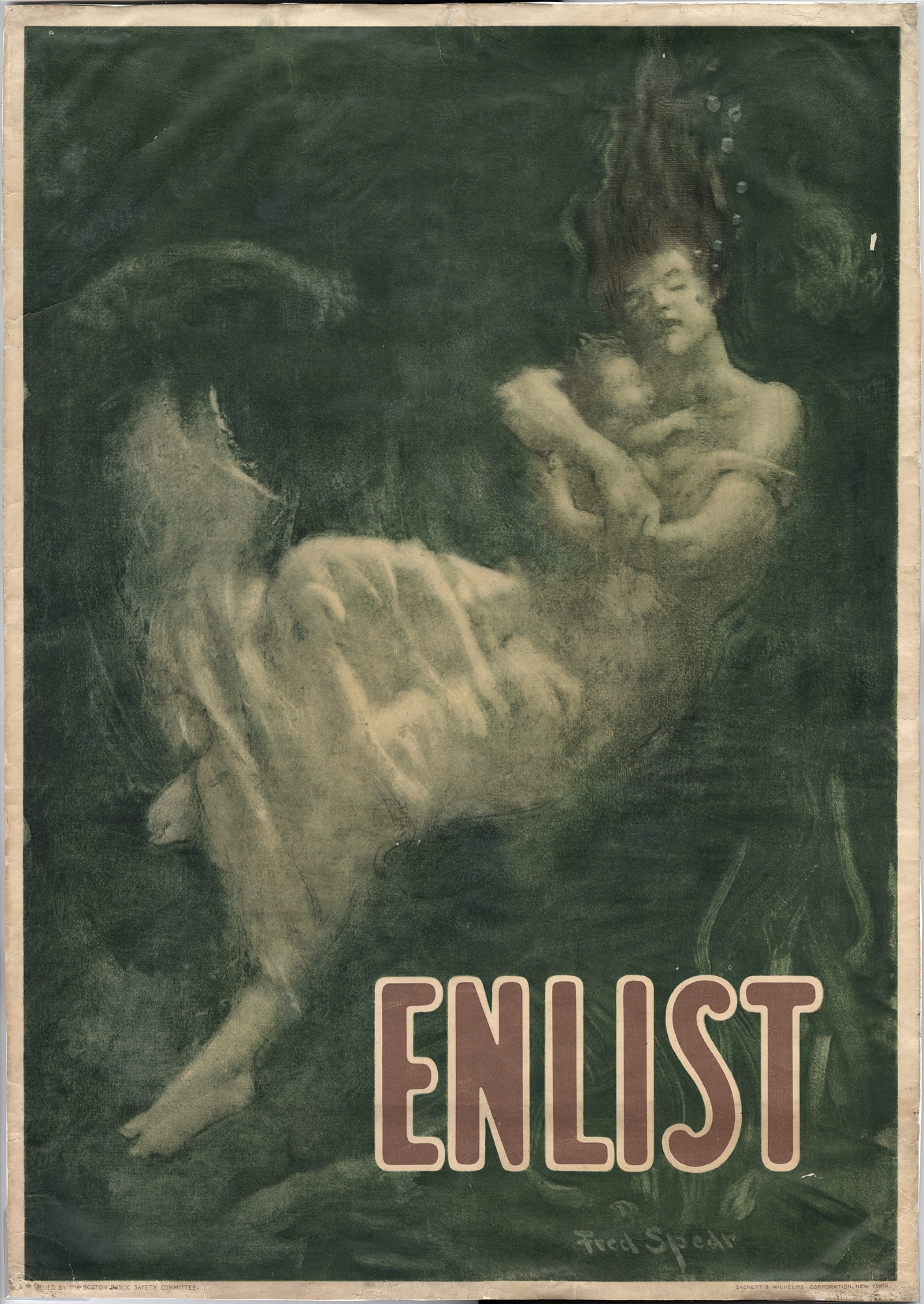 Color artwork poster of a woman underwater, wearing a dress, carrying a baby, with her eyes closed, and bubbles coming from her mouth. The bottom right corner of the image says the word "ENLIST" in red font with a white outline.