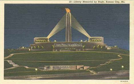 Illustration of Liberty Memorial at night lit up by spotlights