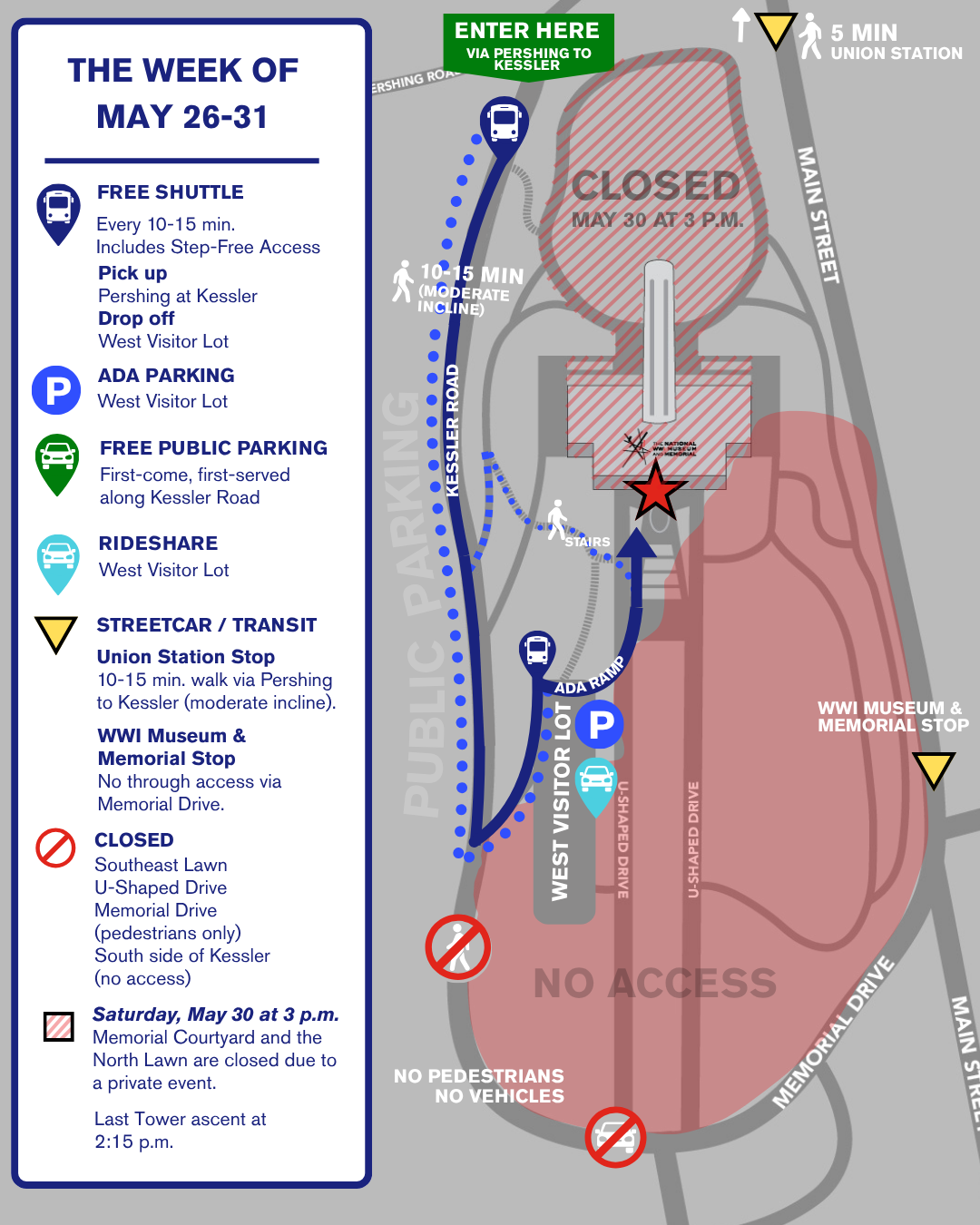 Campus map indicating open and closed areas and pathways