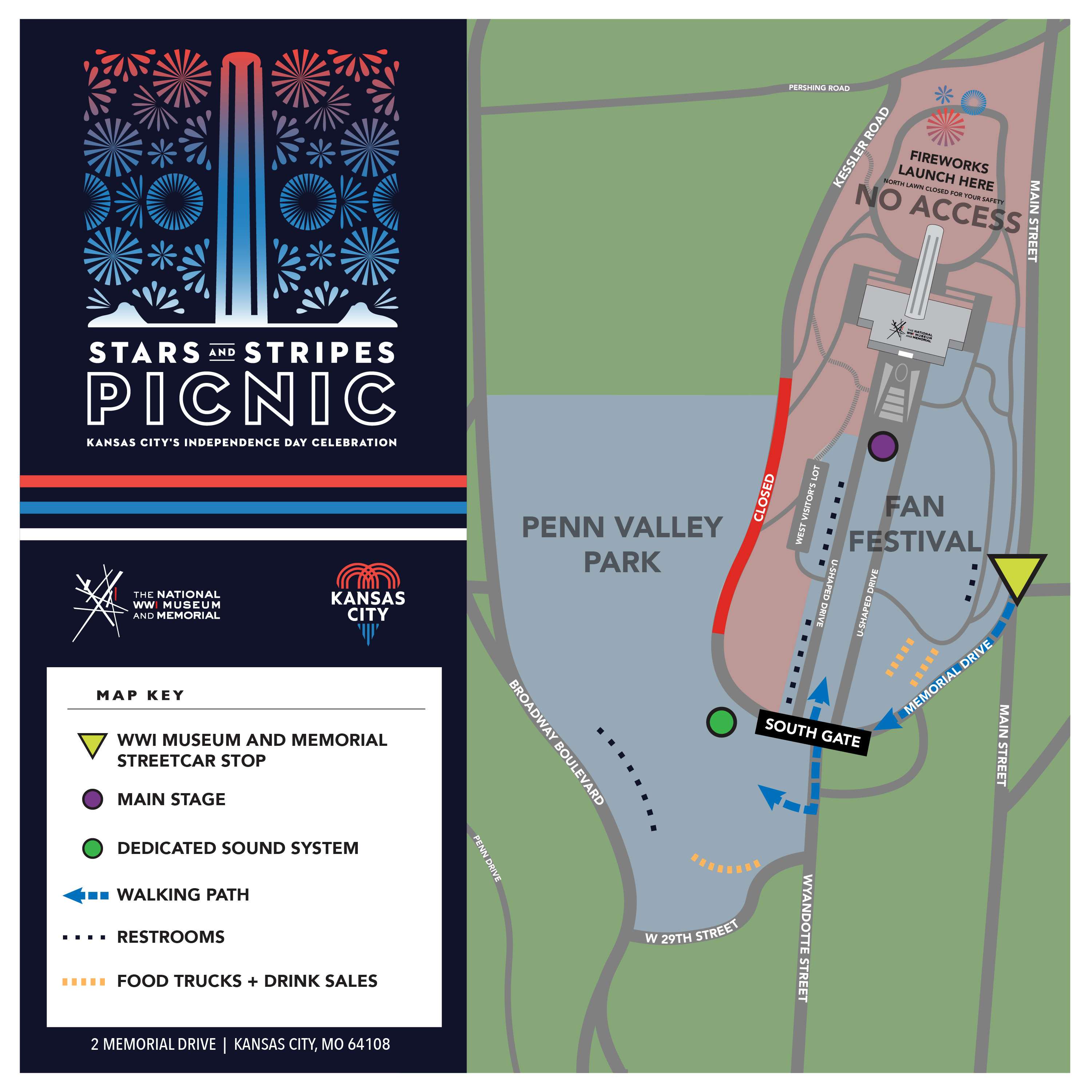 Map of campus and Penn Valley Park showing locations of food, bathrooms and entertainment