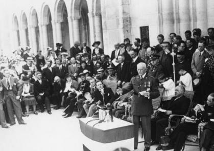 Black and white photograph of General Pershing at the Meuse Argonne Cemetery for its dedication.