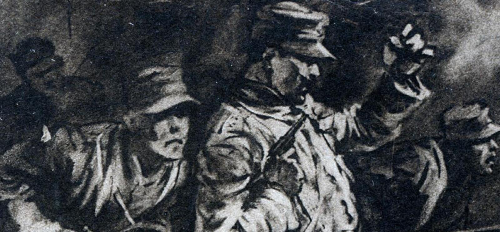 Black and white painting of WWI-era soldiers charging forward at an unseen enemy.