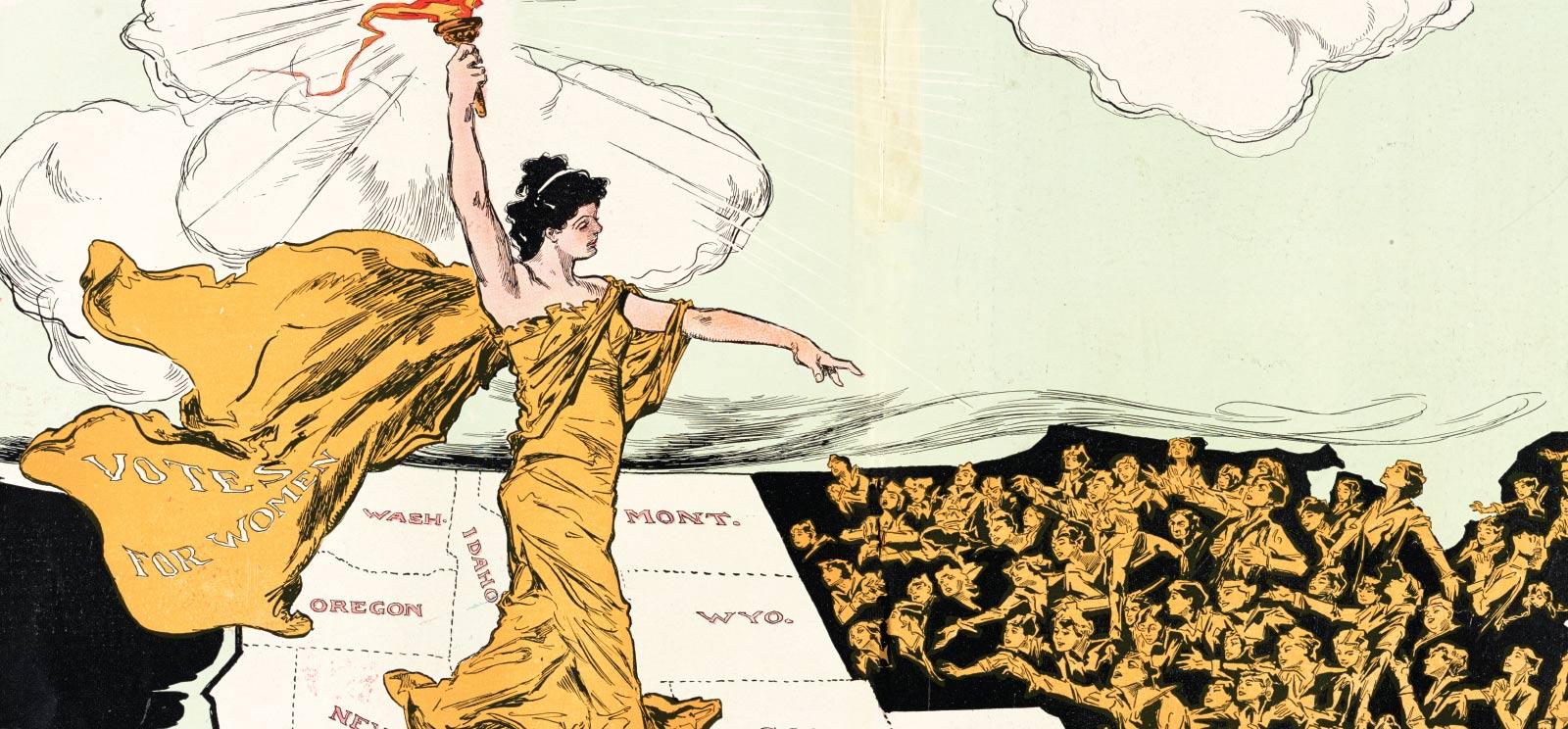 Illustration of woman in flowing gold robe inscribed with 'votes for women' and holding torch overtop of U.S. map, standing on the western states pointing towards a clamoring mass of women reaching out from the eastern states.