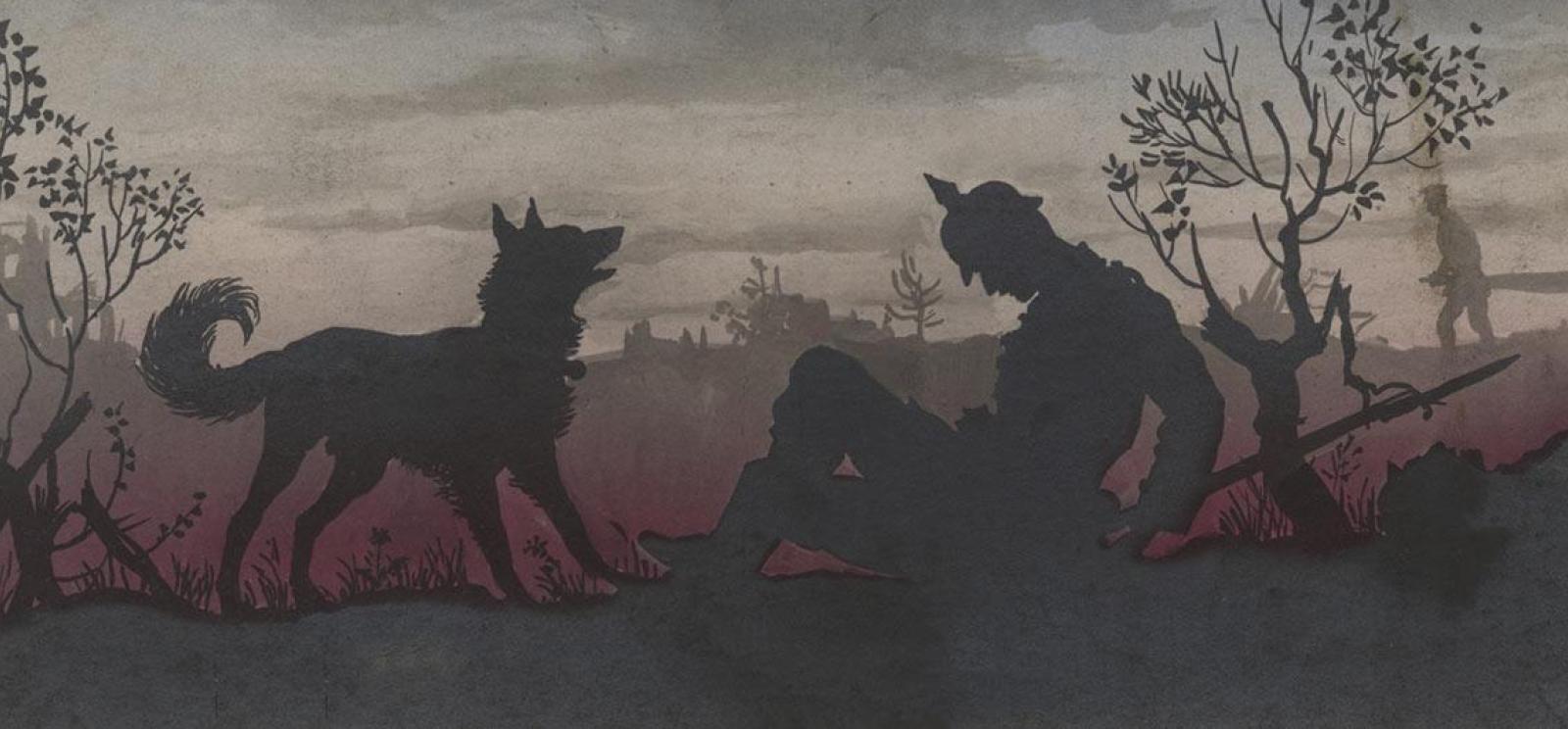 Peinture stylisée des silhouettes d'un soldat assis sur un champ de bataille et d'un chien devant lui.