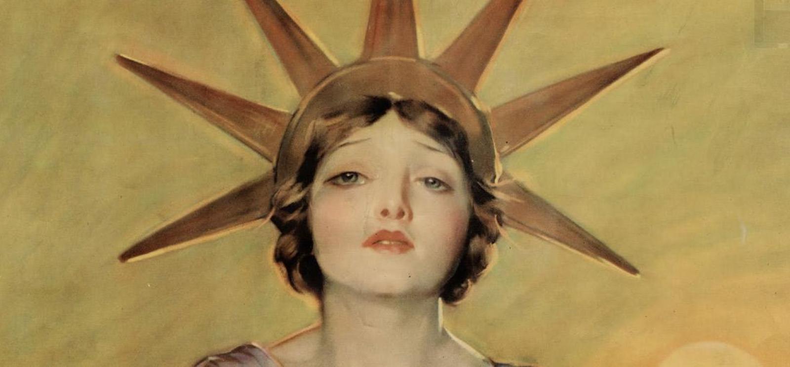 Painting of a young white woman from the neck up. She has short brown hair and wears a crown of rays similar to the Statue of Liberty.