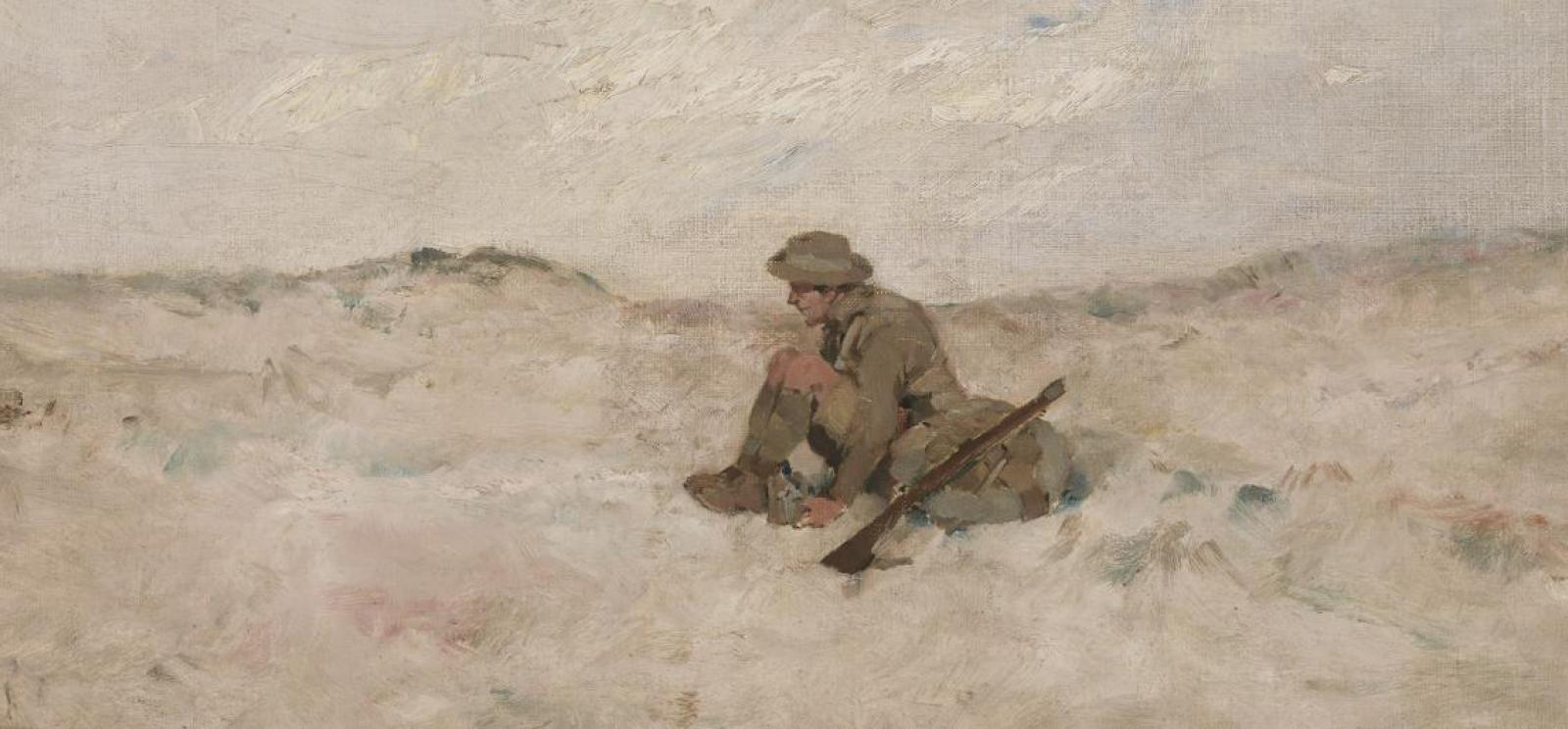 Painting of a lone white man in military combat uniform, sitting down in an empty field, his rifle resting on his rucksack beside him.
