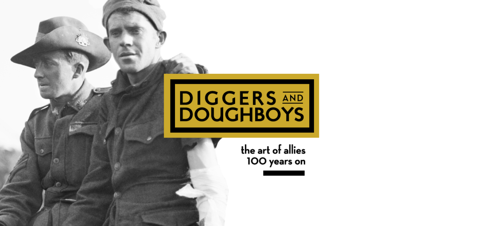 Background: Black and white photograph of two men in military combat uniform. One is wearing a wide-brimmed hat. Foreground text: Diggers and Doughboys