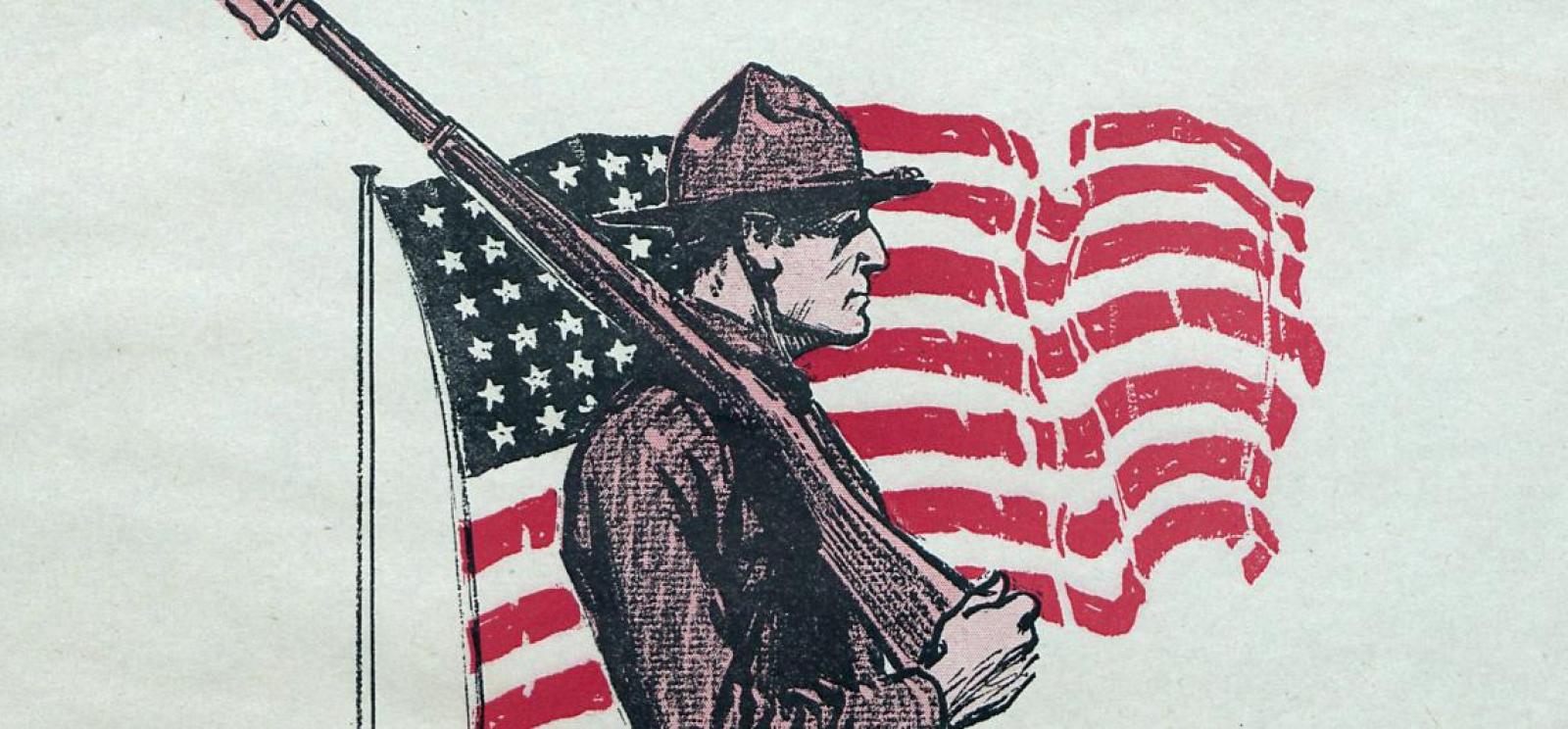 Painting of a soldier on patrol with a rifle. A U.S. flag waves in the background.
