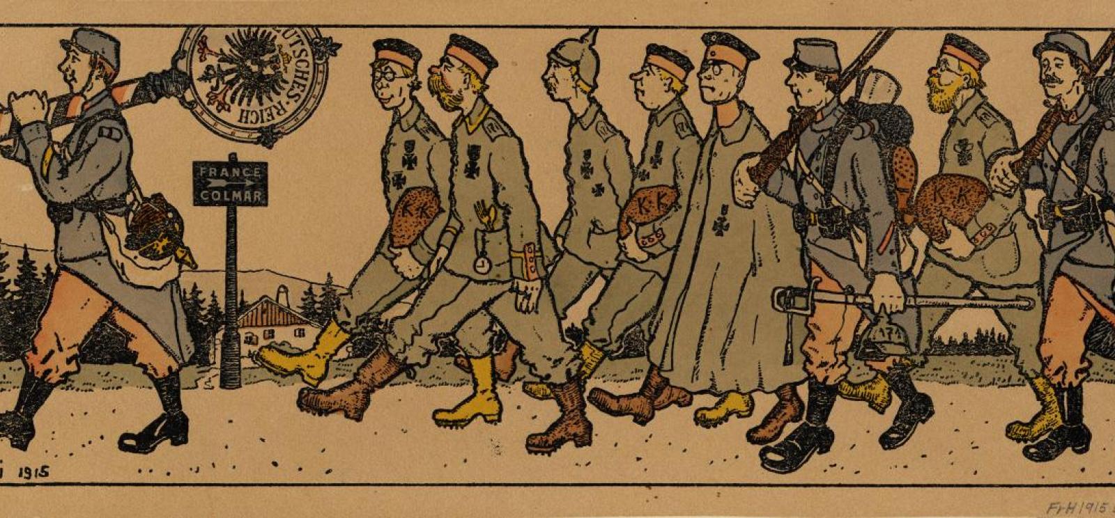 Cartoon of a French soldier leading German prisoners of war along a path.
