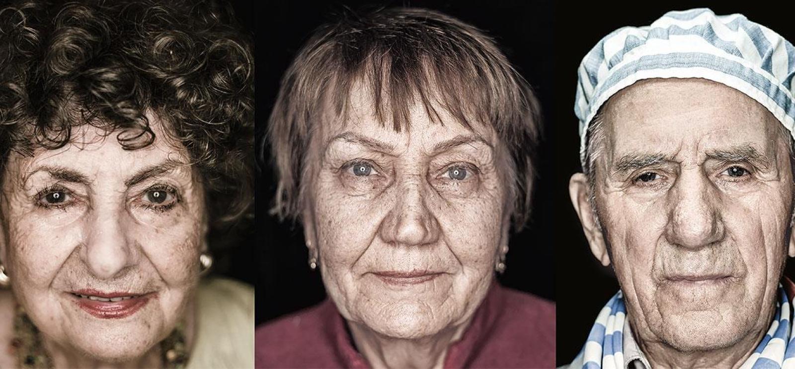 Three portrait photographs of two elderly women and one elderly man