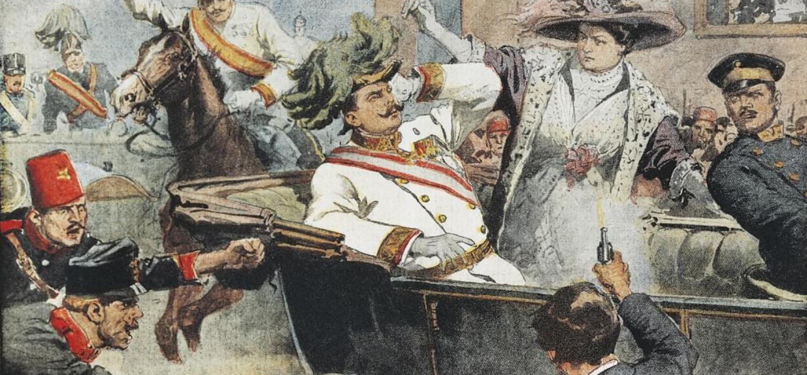 Painting of the moment of assassination of the Archduke Franz Ferdinand. A man in a military uniform collapses in the back of an automobile while a woman reacts with horror next to him. 
