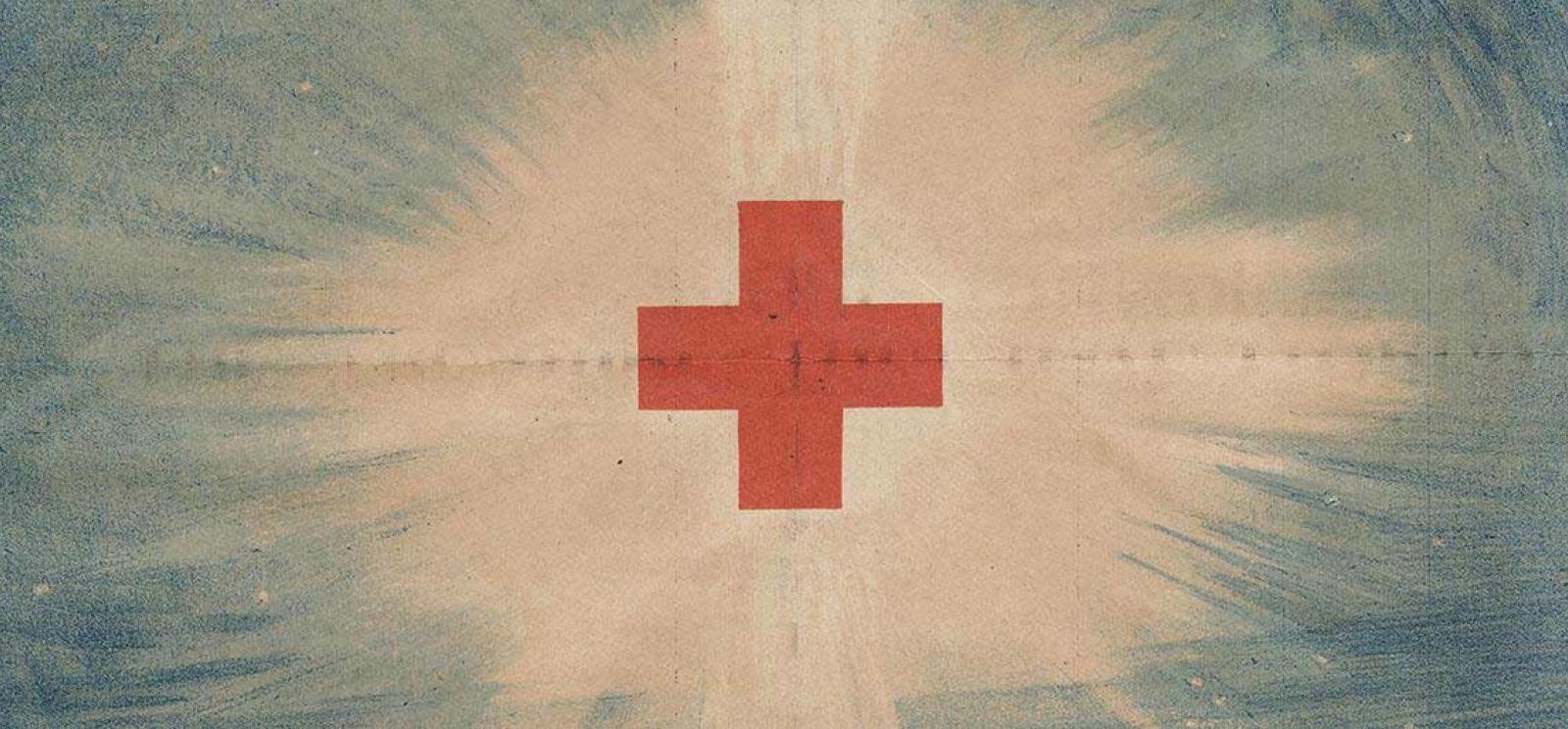 Red Cross on a blue and cream background
