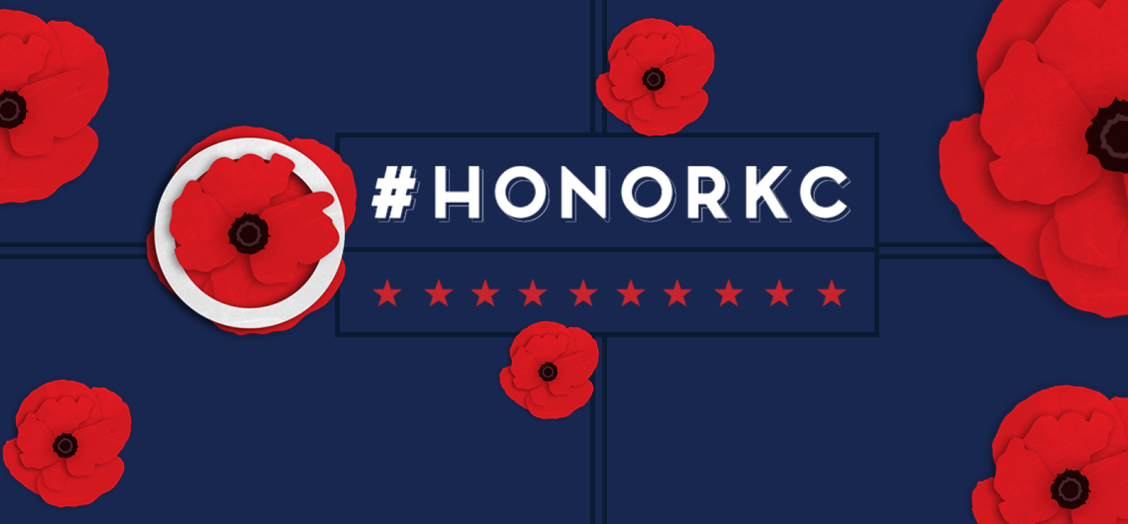 Navy blue background with red poppy flowers. Text: #HonorKC
