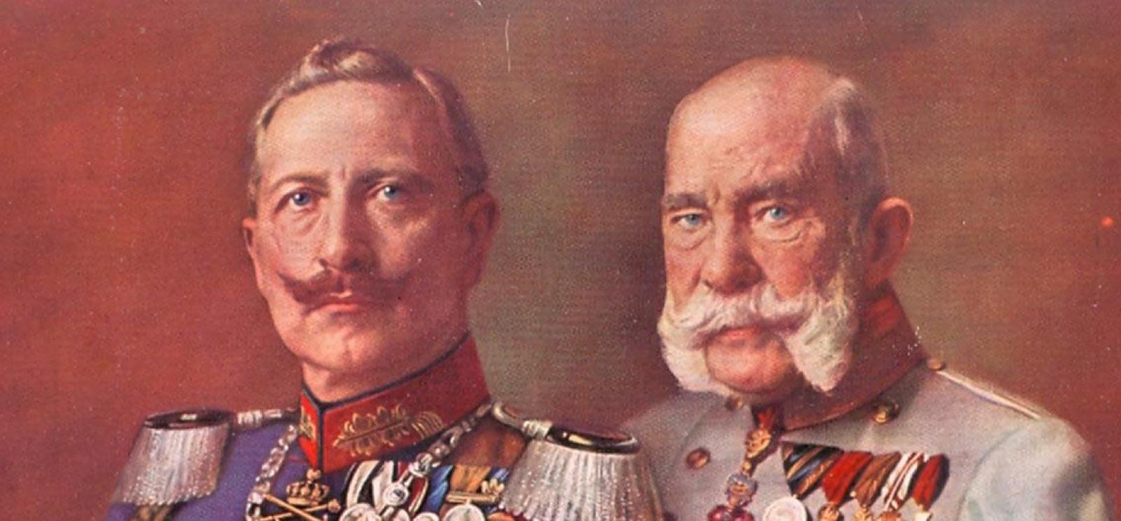 Painting of two white men in military dress uniform. The one on the left has brown hair and a mustache that curls up on the ends. The one on the right has white hair and muttonchops.