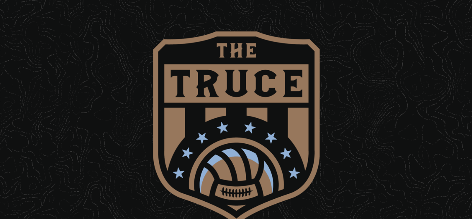 Black background. Dark gold shield-shaped logo featuring a soccer ball. Text: 'The Truce'