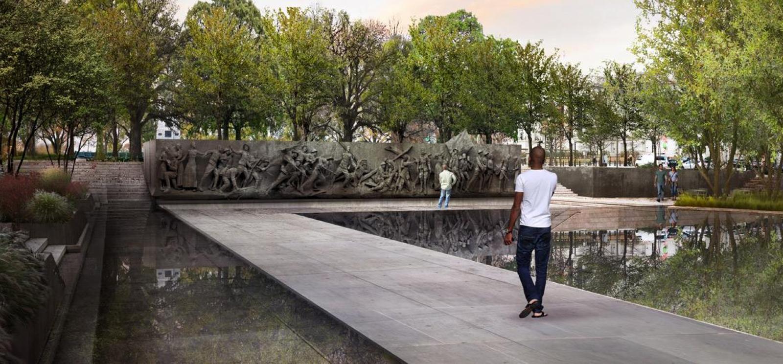 Photo composite of a WWI sculpture wall and pool