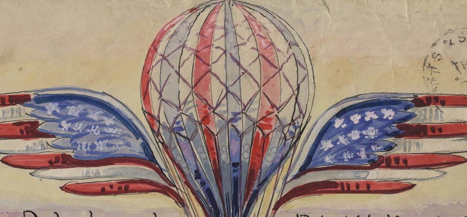 Painting of a hot air balloon in red, white and blue