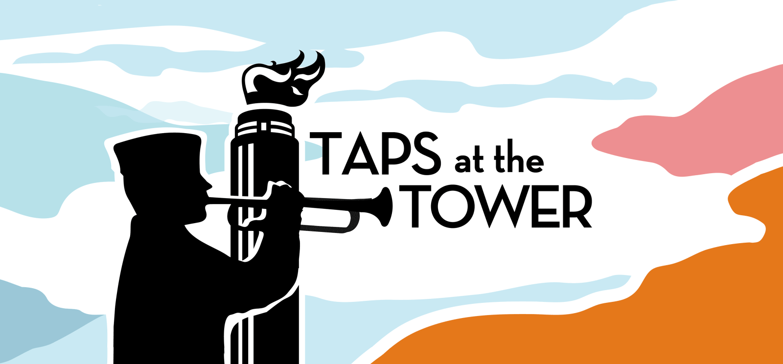 Silhouette of a bugler against a silhouette of the Liberty memorial. Text: Taps at the Tower